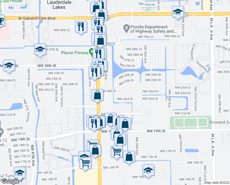 map of restaurants, bars, coffee shops, grocery stores, and more near 2341 Northwest 38th Terrace in Lauderdale Lakes