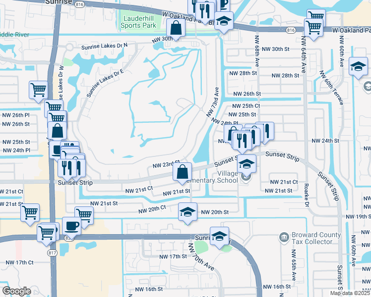 map of restaurants, bars, coffee shops, grocery stores, and more near 2320 East Aragon Boulevard in Sunrise