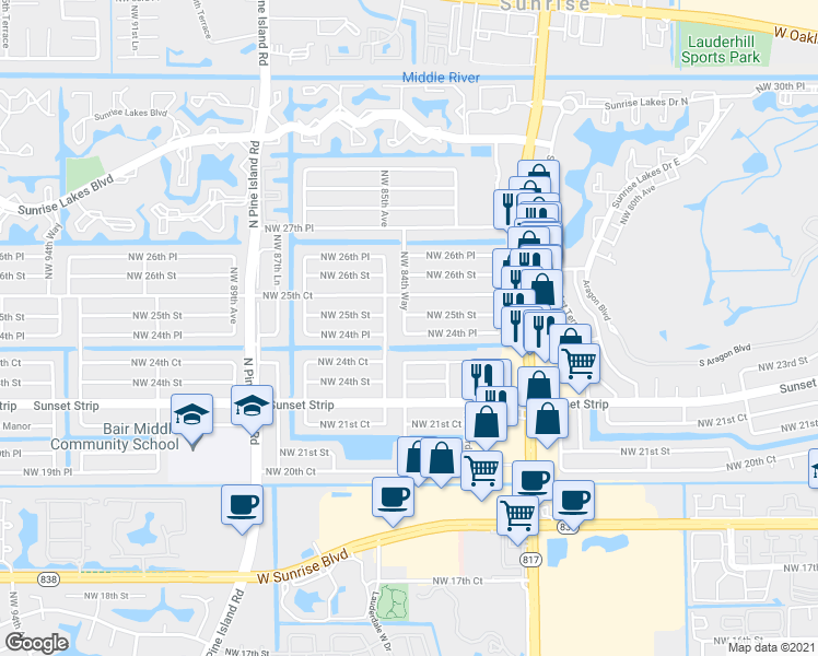 map of restaurants, bars, coffee shops, grocery stores, and more near 8481 Northwest 24th Place in Sunrise