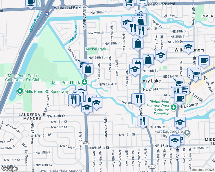 map of restaurants, bars, coffee shops, grocery stores, and more near 2141 Northwest 6th Avenue in Wilton Manors