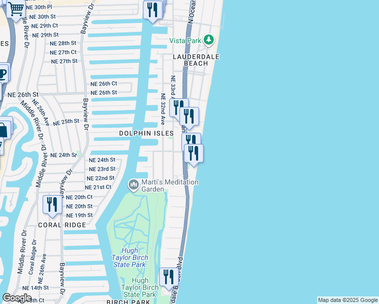 map of restaurants, bars, coffee shops, grocery stores, and more near 2101 Florida A1A in Fort Lauderdale