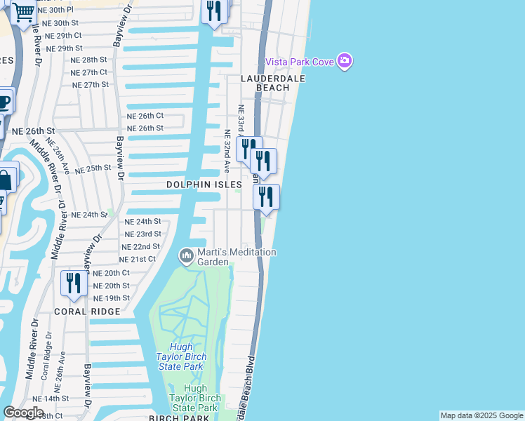 map of restaurants, bars, coffee shops, grocery stores, and more near 2101 Florida A1A in Fort Lauderdale