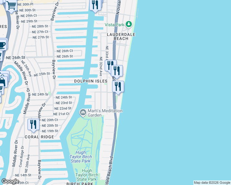 map of restaurants, bars, coffee shops, grocery stores, and more near 2101 Florida A1A in Fort Lauderdale