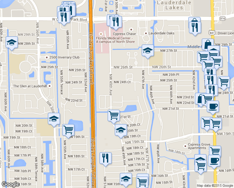 map of restaurants, bars, coffee shops, grocery stores, and more near 2291 Northwest 48th Terrace in Lauderhill