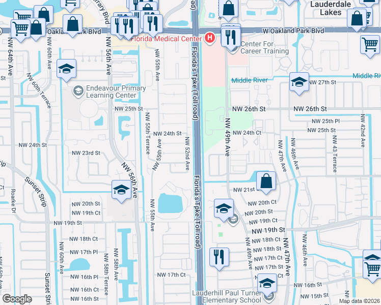 map of restaurants, bars, coffee shops, grocery stores, and more near 2230 Northwest 52nd Avenue in Lauderhill