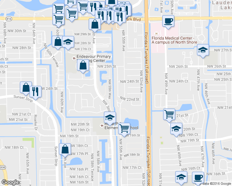 map of restaurants, bars, coffee shops, grocery stores, and more near 2302 Northwest 55th Way in Lauderhill