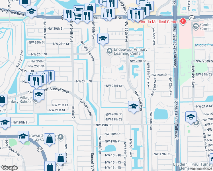 map of restaurants, bars, coffee shops, grocery stores, and more near 2313 Northwest 59th Way in Lauderhill