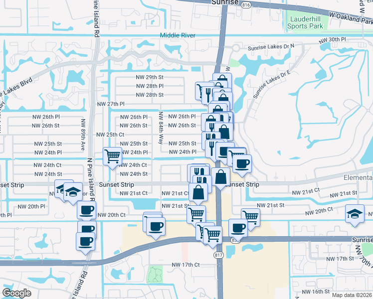map of restaurants, bars, coffee shops, grocery stores, and more near 8391 Northwest 24th Place in Sunrise
