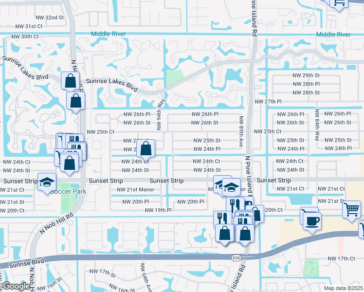 map of restaurants, bars, coffee shops, grocery stores, and more near 9341 Northwest 24th Place in Sunrise