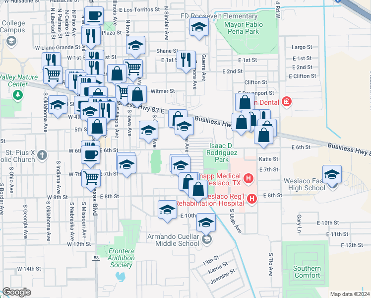 map of restaurants, bars, coffee shops, grocery stores, and more near 522 South Bridge Avenue in Weslaco