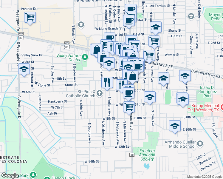 map of restaurants, bars, coffee shops, grocery stores, and more near 316 West 6th Street in Weslaco