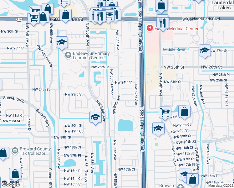 map of restaurants, bars, coffee shops, grocery stores, and more near 2241 Northwest 55th Avenue in Lauderhill