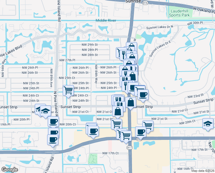 map of restaurants, bars, coffee shops, grocery stores, and more near 8391 Northwest 24th Place in Sunrise