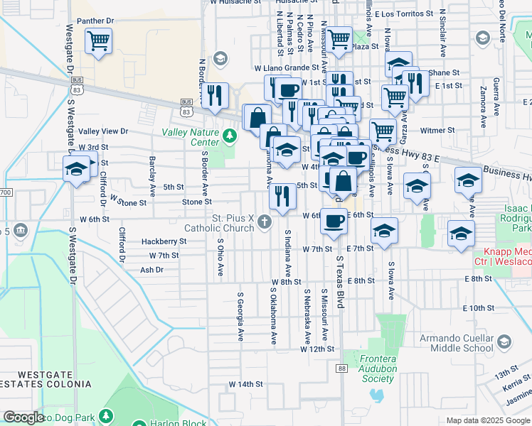map of restaurants, bars, coffee shops, grocery stores, and more near 520 South Oklahoma Avenue in Weslaco