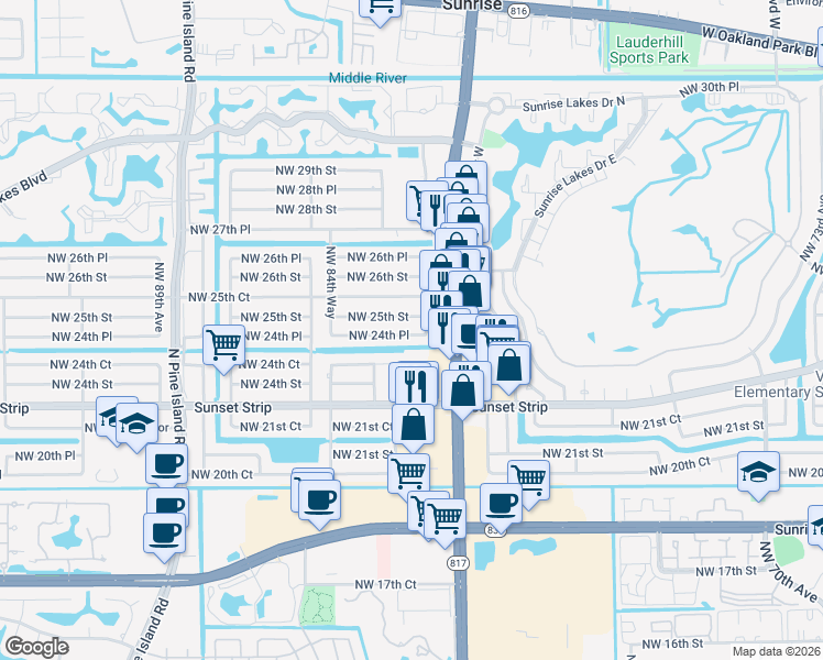 map of restaurants, bars, coffee shops, grocery stores, and more near 8311 Northwest 24th Place in Sunrise
