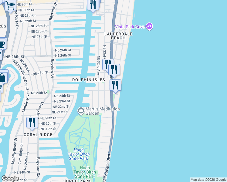 map of restaurants, bars, coffee shops, grocery stores, and more near 2101 Florida A1A in Fort Lauderdale