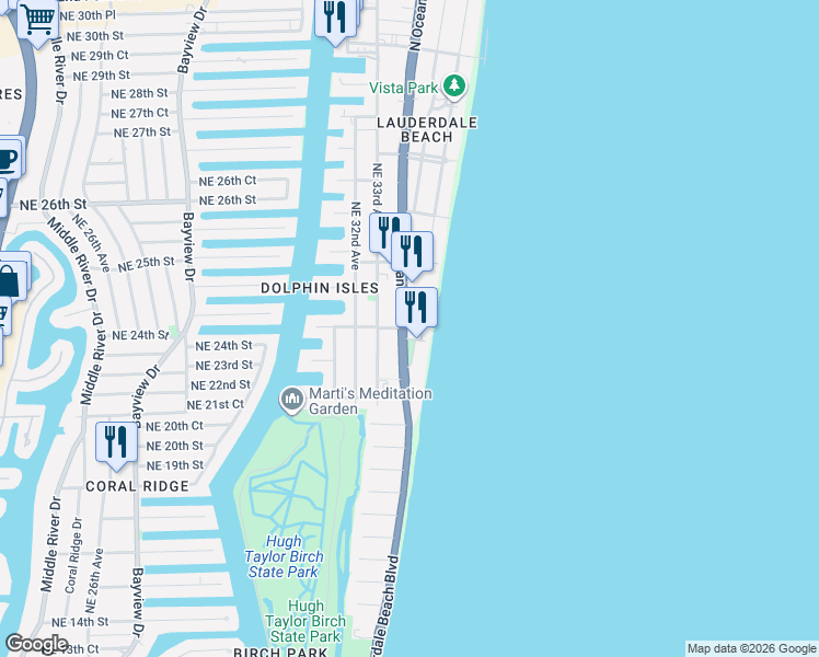 map of restaurants, bars, coffee shops, grocery stores, and more near 2101 Florida A1A in Fort Lauderdale