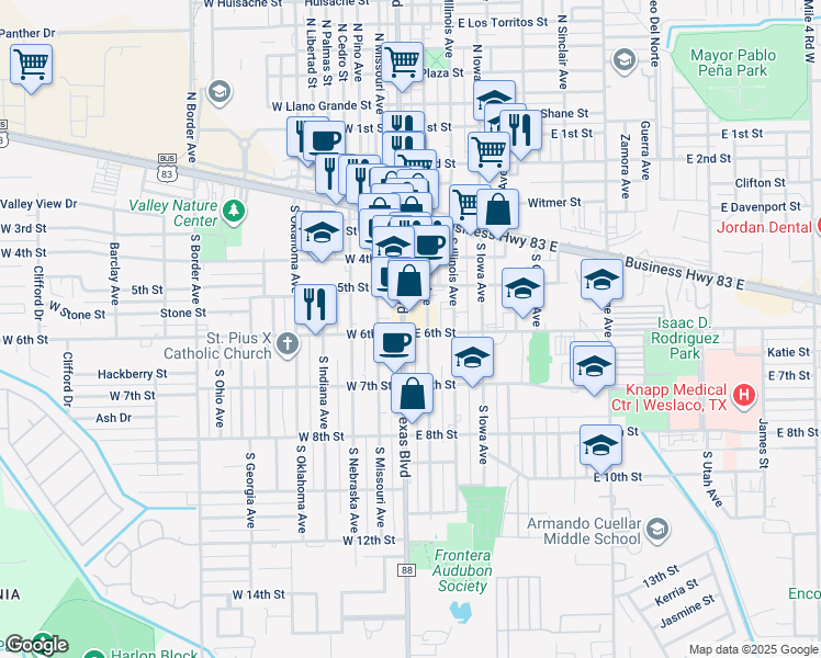 map of restaurants, bars, coffee shops, grocery stores, and more near 100 East 6th Street in Weslaco