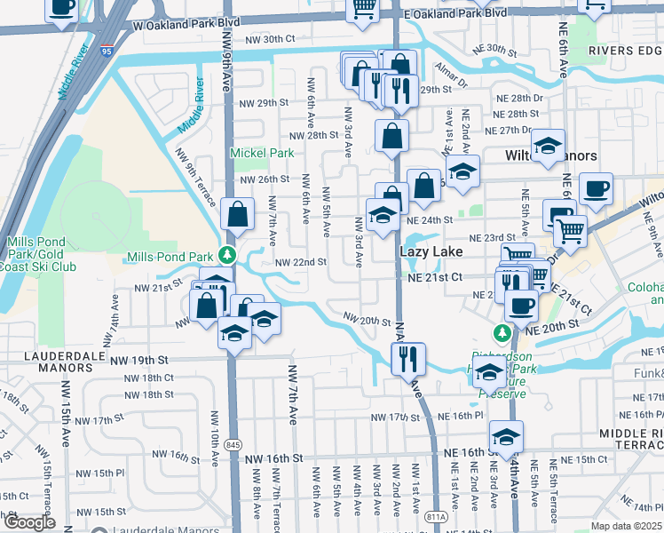 map of restaurants, bars, coffee shops, grocery stores, and more near 2132 Northwest 5th Avenue in Wilton Manors