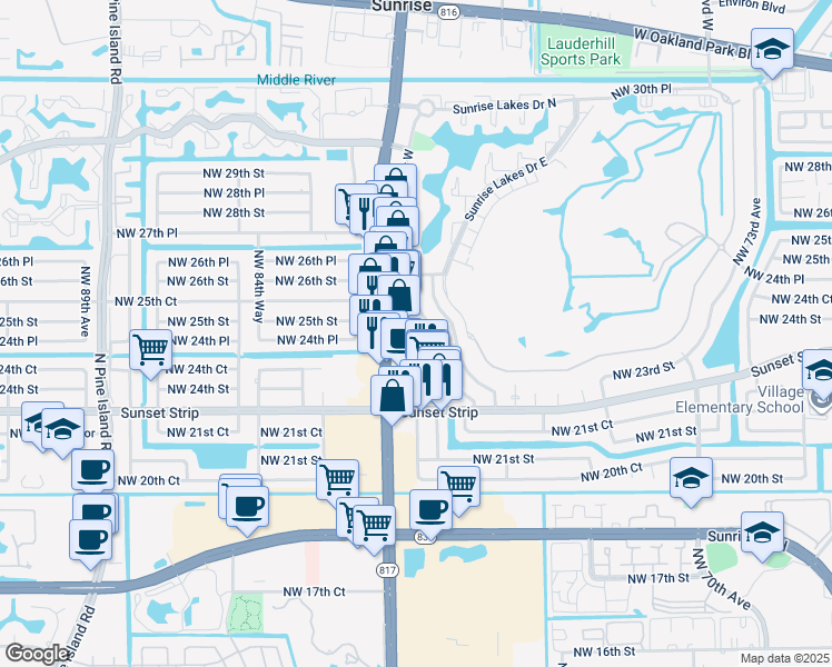 map of restaurants, bars, coffee shops, grocery stores, and more near 8251 Northwest 24th Street in Sunrise