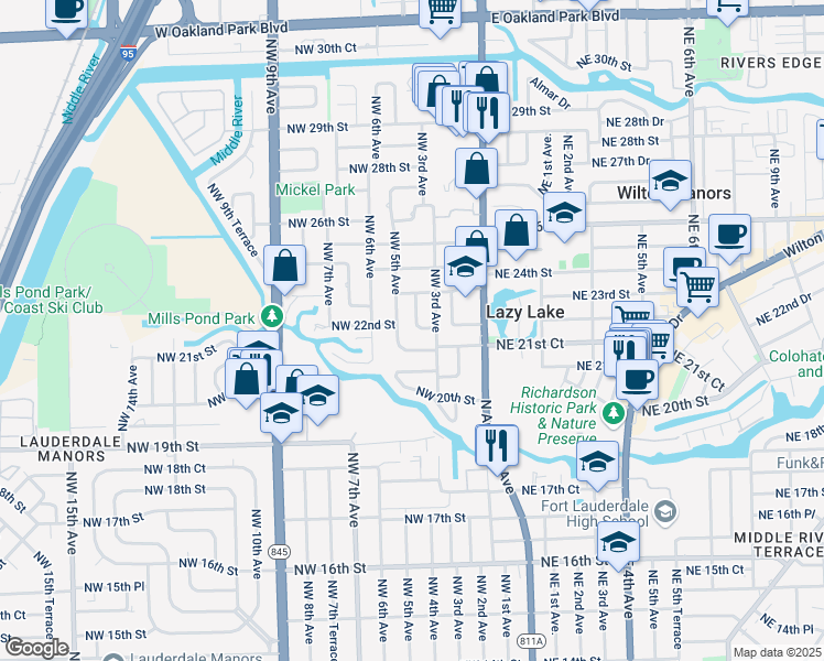 map of restaurants, bars, coffee shops, grocery stores, and more near 2132 Northwest 5th Avenue in Wilton Manors