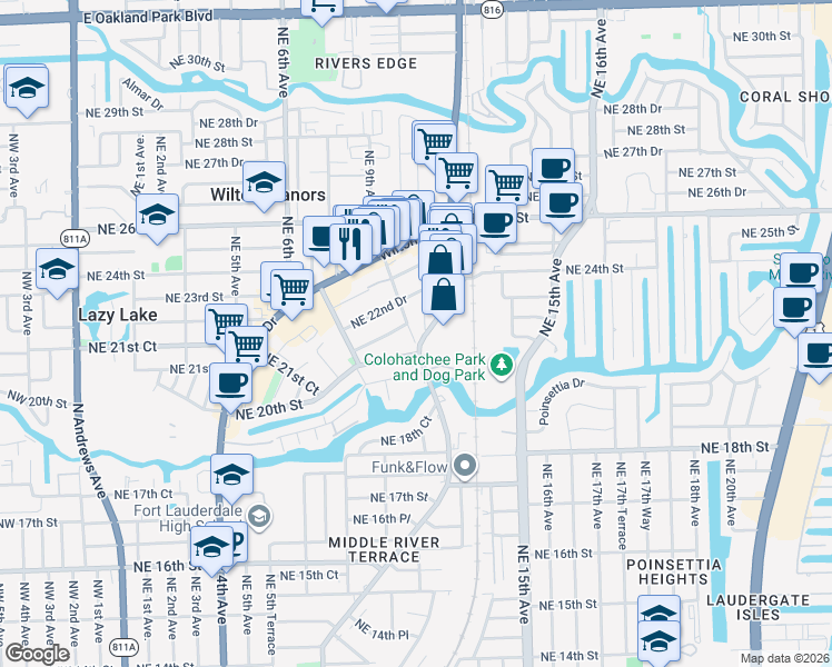map of restaurants, bars, coffee shops, grocery stores, and more near in Wilton Manors