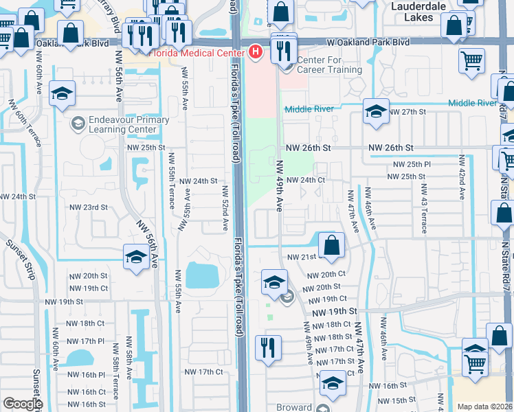 map of restaurants, bars, coffee shops, grocery stores, and more near 5021 Northwest 23rd Street in Lauderhill