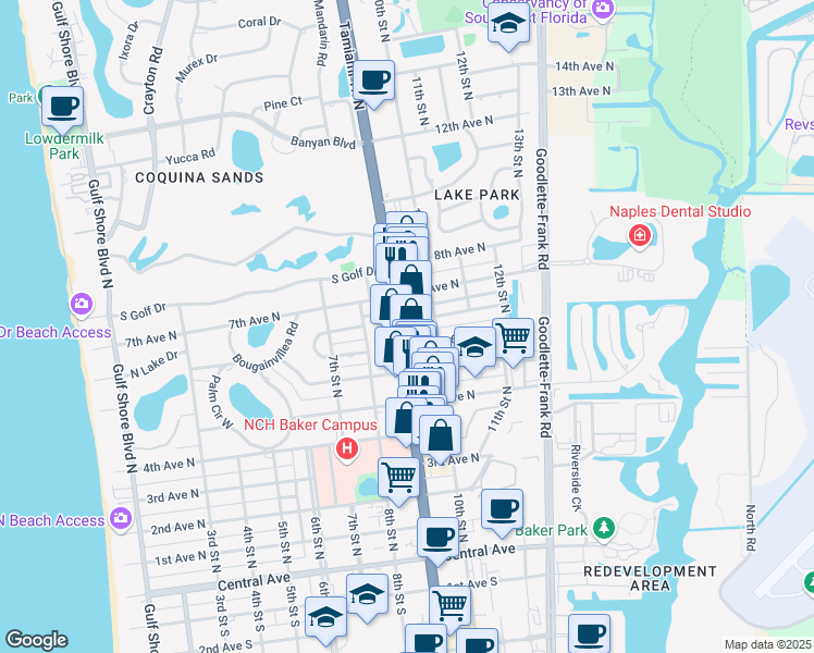 map of restaurants, bars, coffee shops, grocery stores, and more near 670 9th Street North in Naples