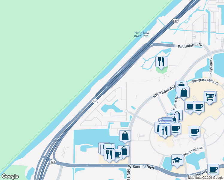 map of restaurants, bars, coffee shops, grocery stores, and more near 2421 Northwest 139th Avenue in Sunrise