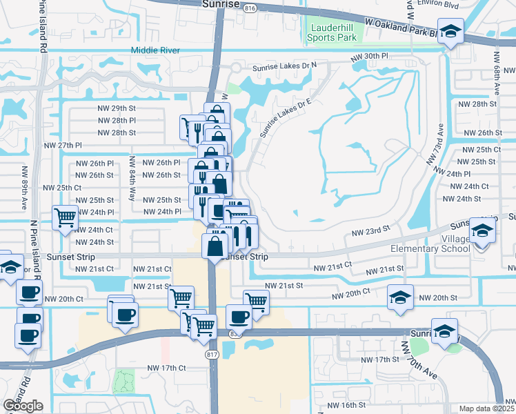 map of restaurants, bars, coffee shops, grocery stores, and more near 2320 Northwest 81st Avenue in Sunrise