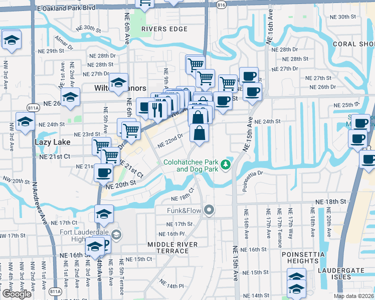 map of restaurants, bars, coffee shops, grocery stores, and more near in Wilton Manors