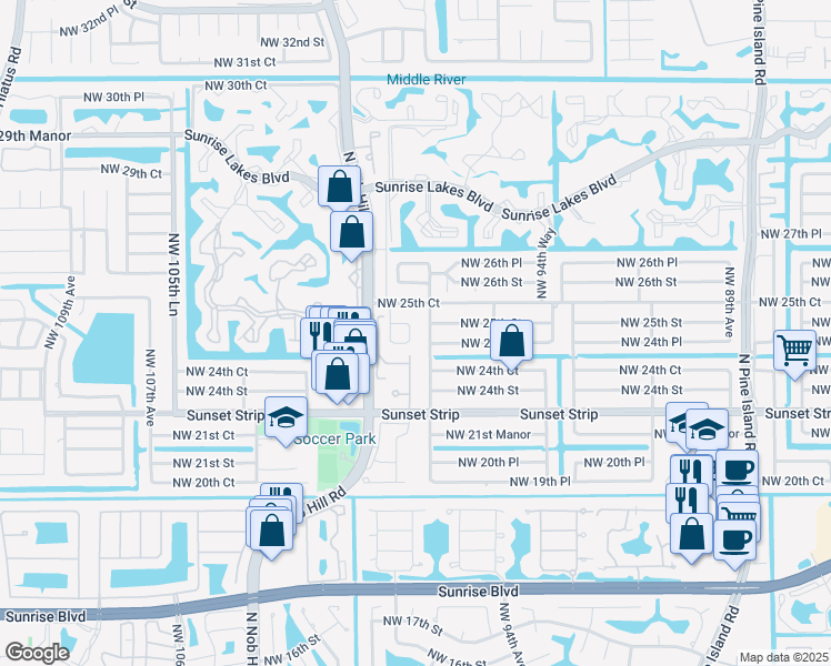 map of restaurants, bars, coffee shops, grocery stores, and more near 9877 Northwest 24th Place in Sunrise