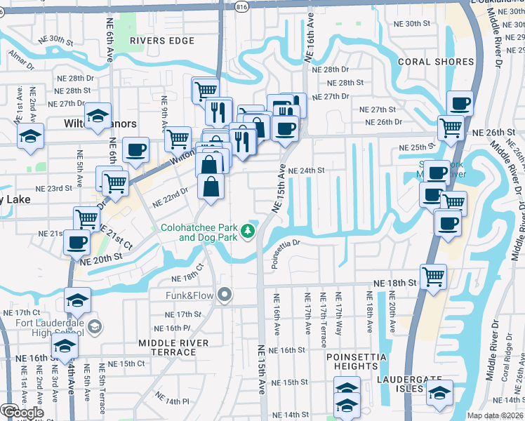 map of restaurants, bars, coffee shops, grocery stores, and more near 2101 Northeast 15th Avenue in Wilton Manors