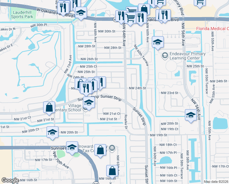 map of restaurants, bars, coffee shops, grocery stores, and more near 6491 Sunset Strip in Sunrise