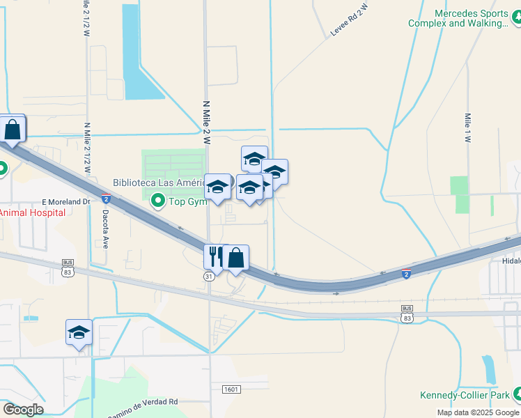 map of restaurants, bars, coffee shops, grocery stores, and more near 700 Med High Drive in Mercedes