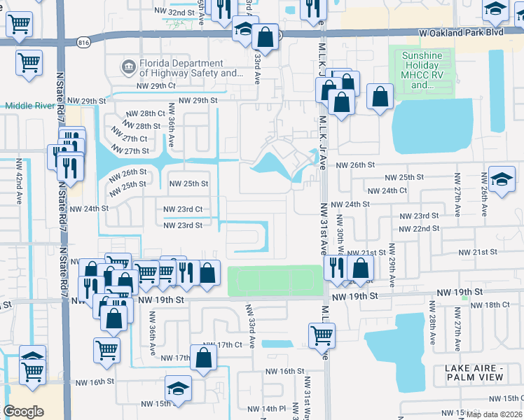 map of restaurants, bars, coffee shops, grocery stores, and more near 3345 Northwest 23rd Street in Lauderdale Lakes