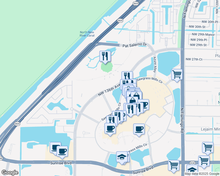 map of restaurants, bars, coffee shops, grocery stores, and more near 2335-2569 Northwest 136th Avenue in Sunrise