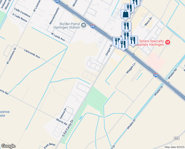 map of restaurants, bars, coffee shops, grocery stores, and more near 361 South Ed Carey Drive in Harlingen
