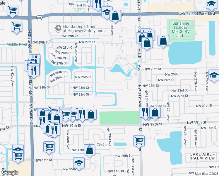 map of restaurants, bars, coffee shops, grocery stores, and more near 3345 Northwest 23rd Street in Lauderdale Lakes