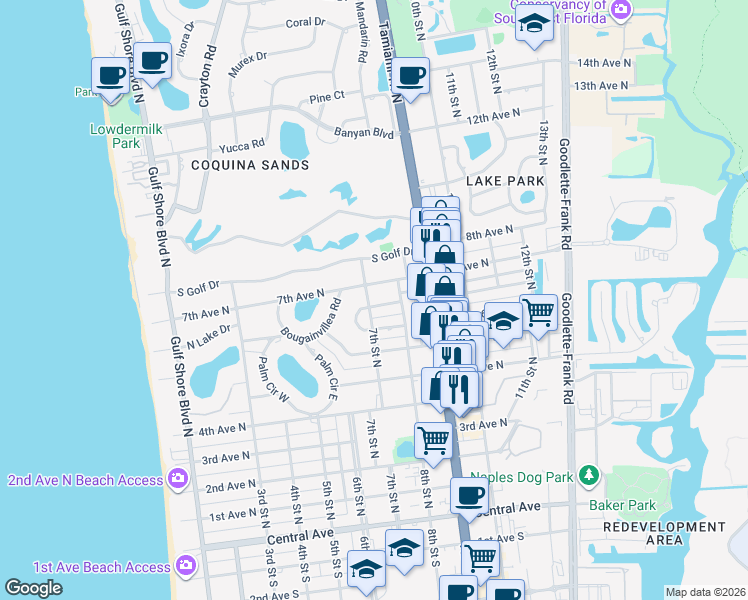 map of restaurants, bars, coffee shops, grocery stores, and more near 721 Broad Court South in Naples