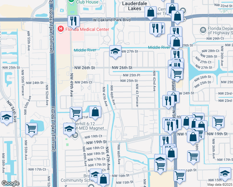 map of restaurants, bars, coffee shops, grocery stores, and more near 4520 Northwest 23rd Court in Lauderhill