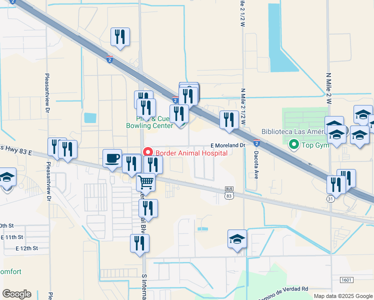 map of restaurants, bars, coffee shops, grocery stores, and more near 3700 East Moreland Drive in Weslaco