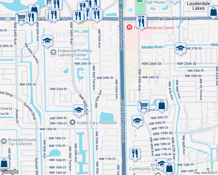 map of restaurants, bars, coffee shops, grocery stores, and more near 5311 Northwest 22nd Court in Lauderhill