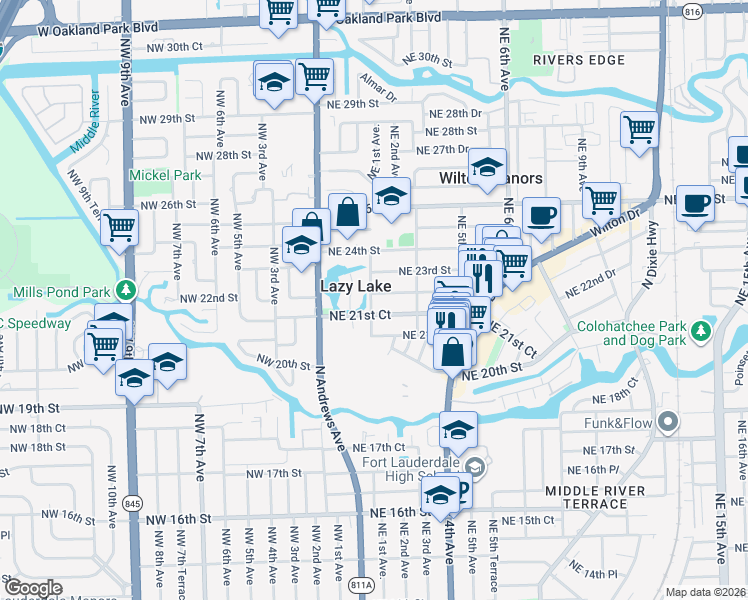 map of restaurants, bars, coffee shops, grocery stores, and more near 100 Northeast 22nd Street in Wilton Manors