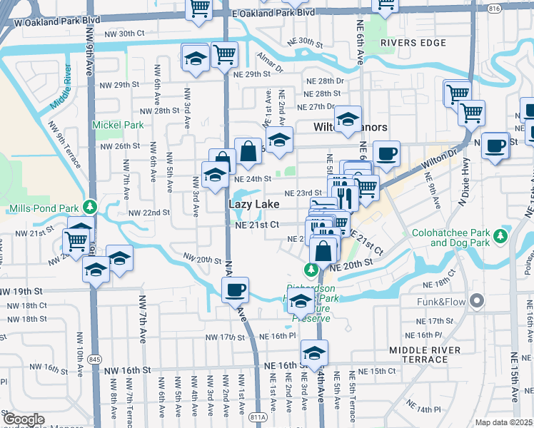 map of restaurants, bars, coffee shops, grocery stores, and more near 116 Northeast 22nd Street in Wilton Manors