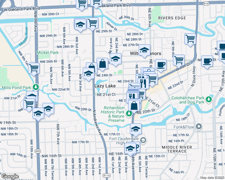 map of restaurants, bars, coffee shops, grocery stores, and more near 116 Northeast 22nd Street in Wilton Manors