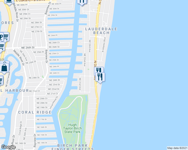 map of restaurants, bars, coffee shops, grocery stores, and more near 2101 Florida A1A in Fort Lauderdale