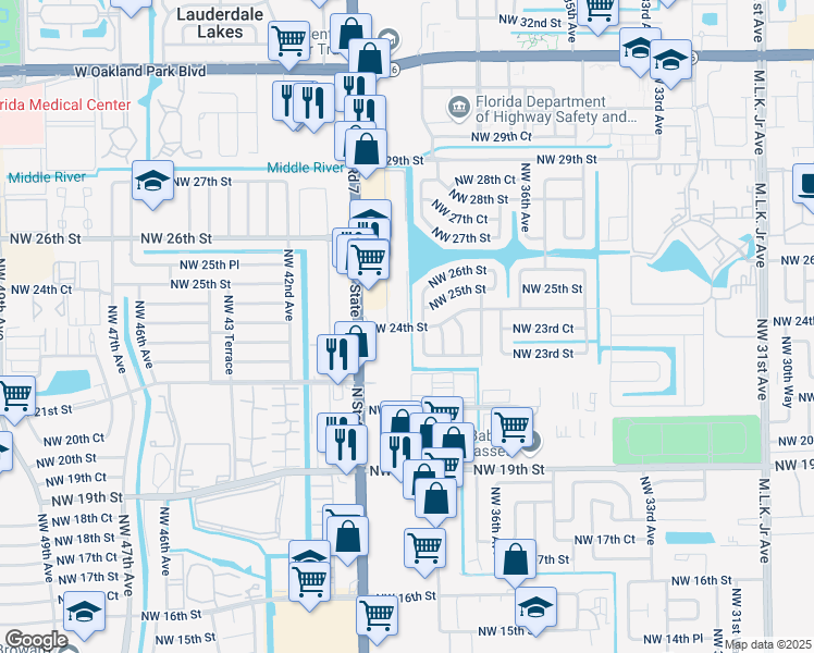 map of restaurants, bars, coffee shops, grocery stores, and more near 2341 Northwest 38th Terrace in Lauderdale Lakes