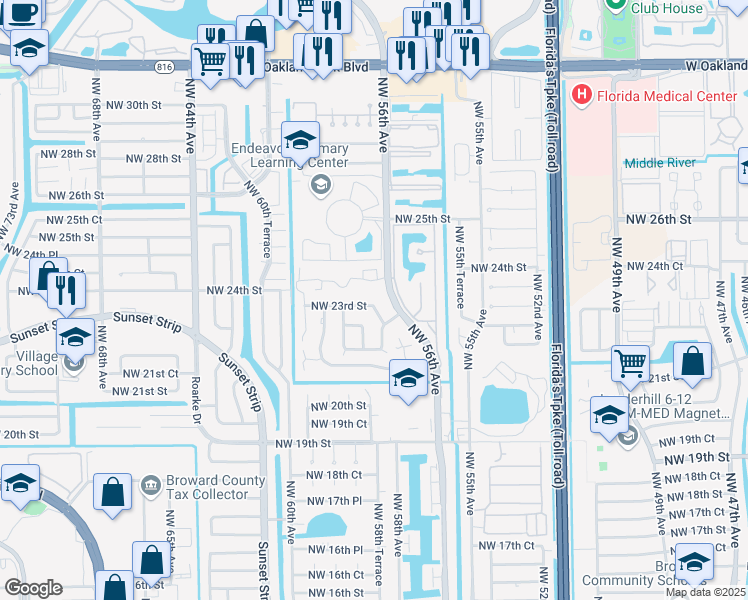 map of restaurants, bars, coffee shops, grocery stores, and more near 2253 Northwest 57th Avenue in Lauderhill