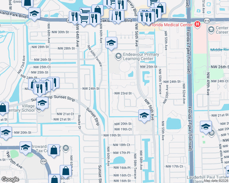 map of restaurants, bars, coffee shops, grocery stores, and more near 2313 Northwest 59th Way in Lauderhill
